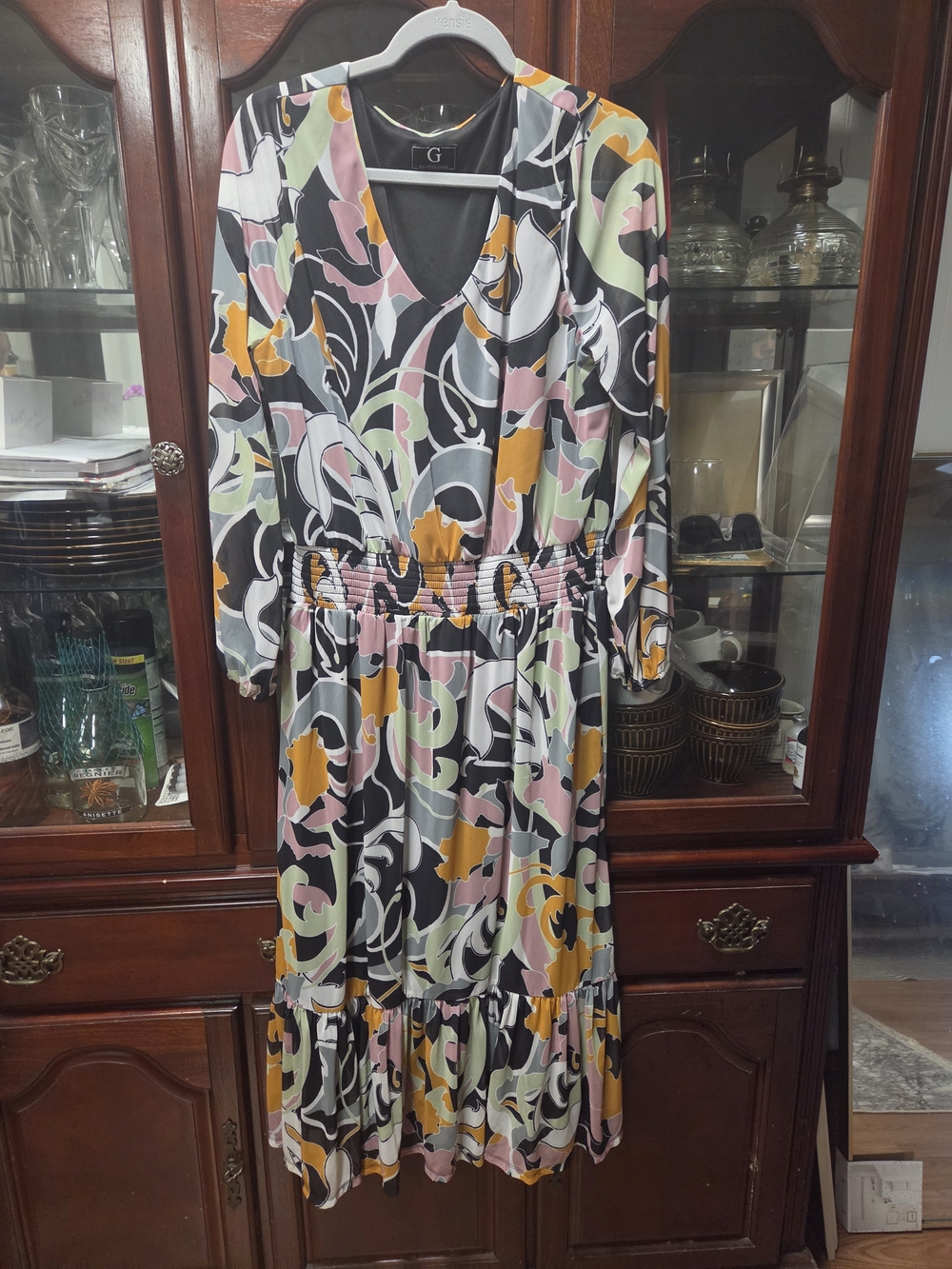 Abstract Floral V-Neck Midi Dress in Black Multi #0201